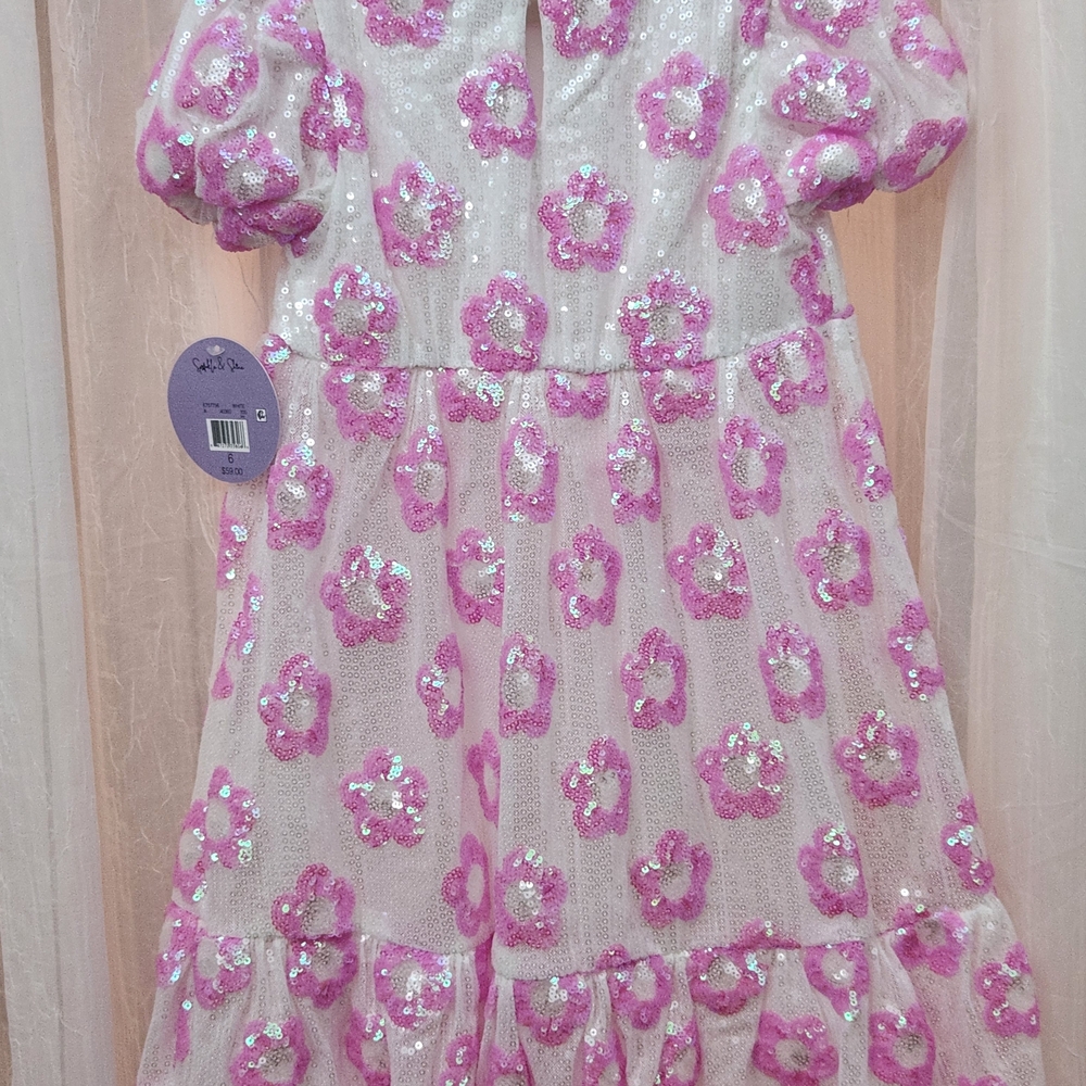 Sparkle & Shine Pink/White Sequin Floral Dress w/Puff Sleeves, Size 6, NWT - Picture 5 of 5